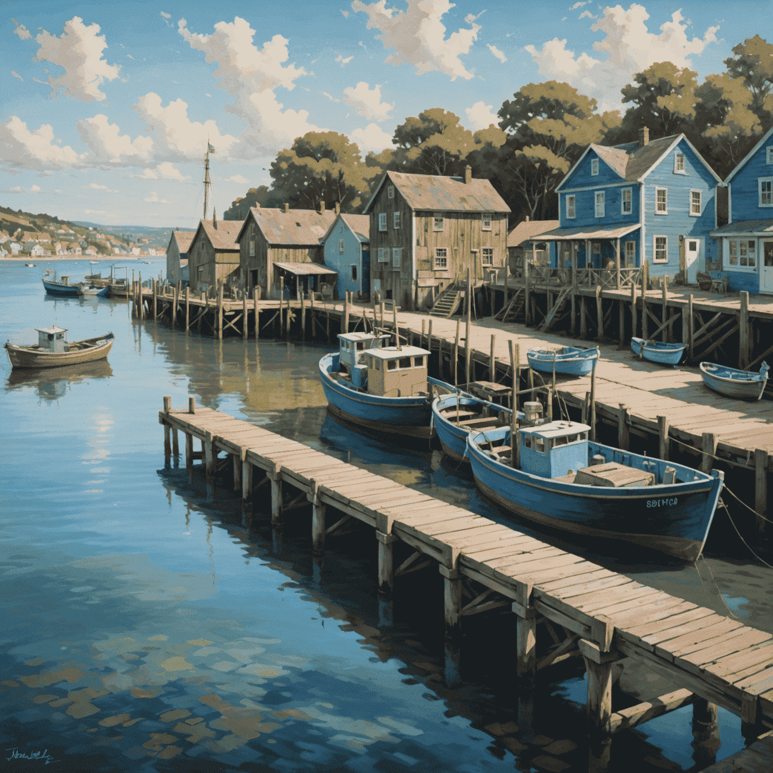 A picturesque coastal scene with fishing boats docked at a rustic wooden pier, surrounded by calm blue waters and a quaint seaside village in the background