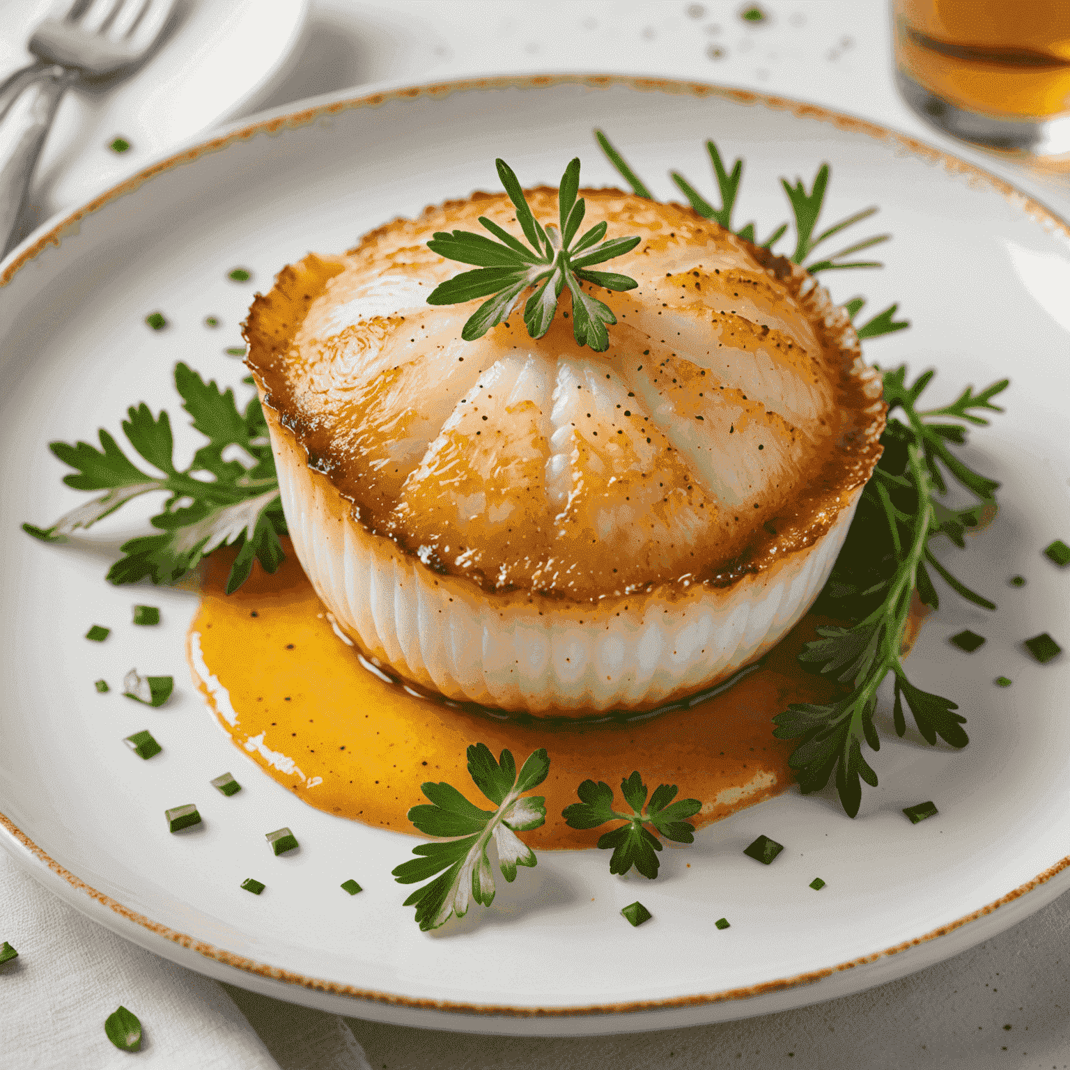 A perfectly seared scallop with a golden crust on a white plate, garnished with fresh herbs