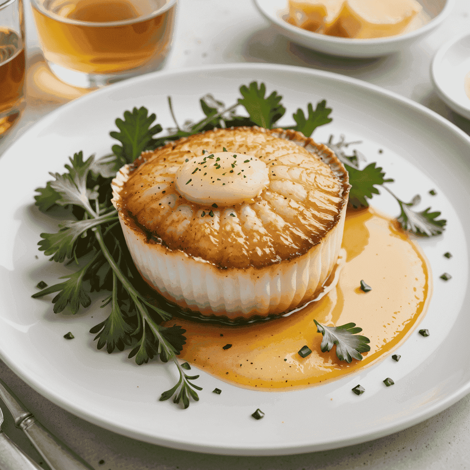 A perfectly seared scallop on a white plate, golden-brown crust visible, with a pat of melting butter and a sprig of fresh herbs