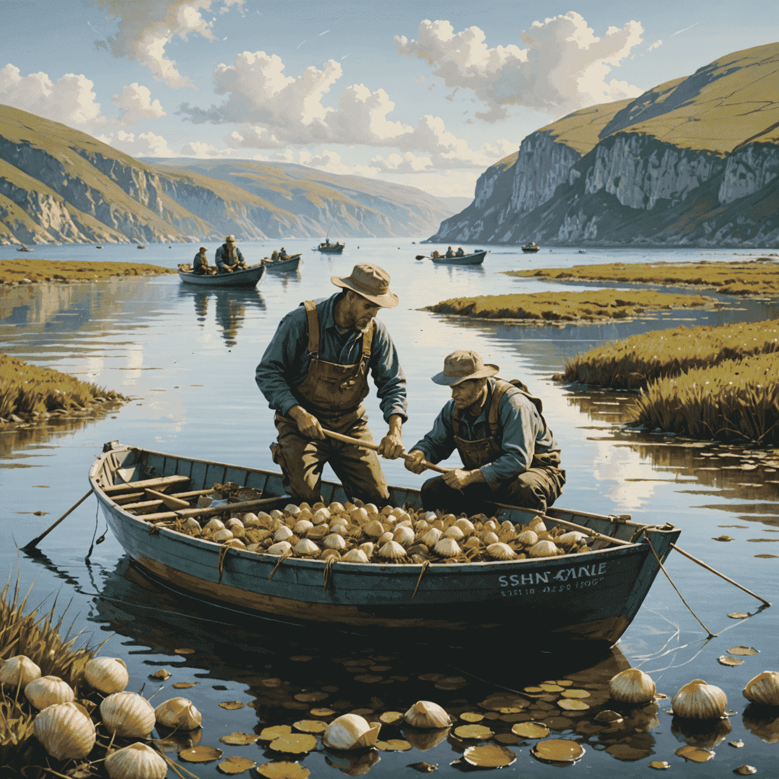 Fishermen on a small boat harvesting scallops using sustainable methods, with a beautiful coastal landscape in the background
