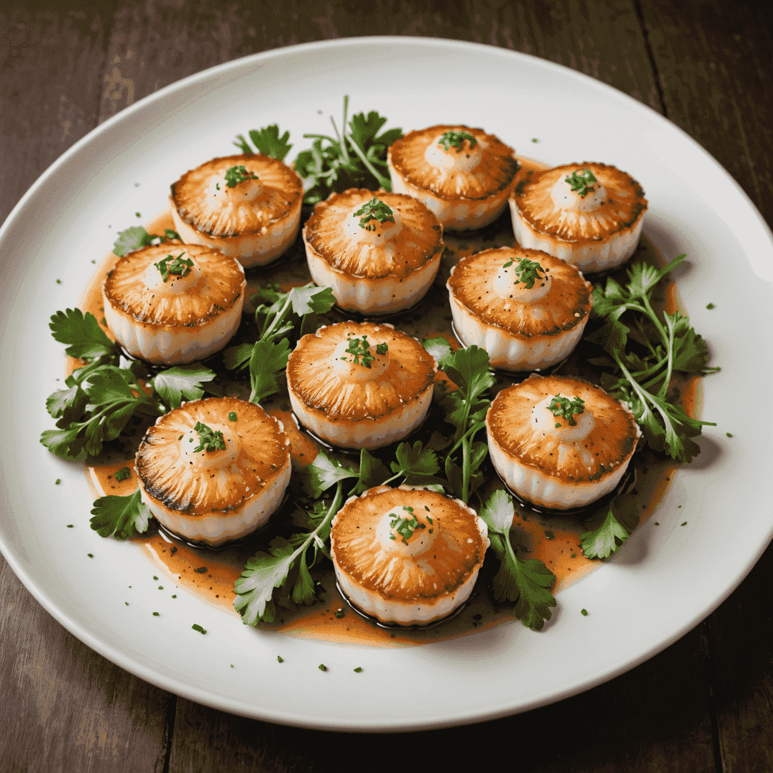 A plate of beautifully seared scallops garnished with fresh herbs, showcasing their golden-brown crust and pearly white centers