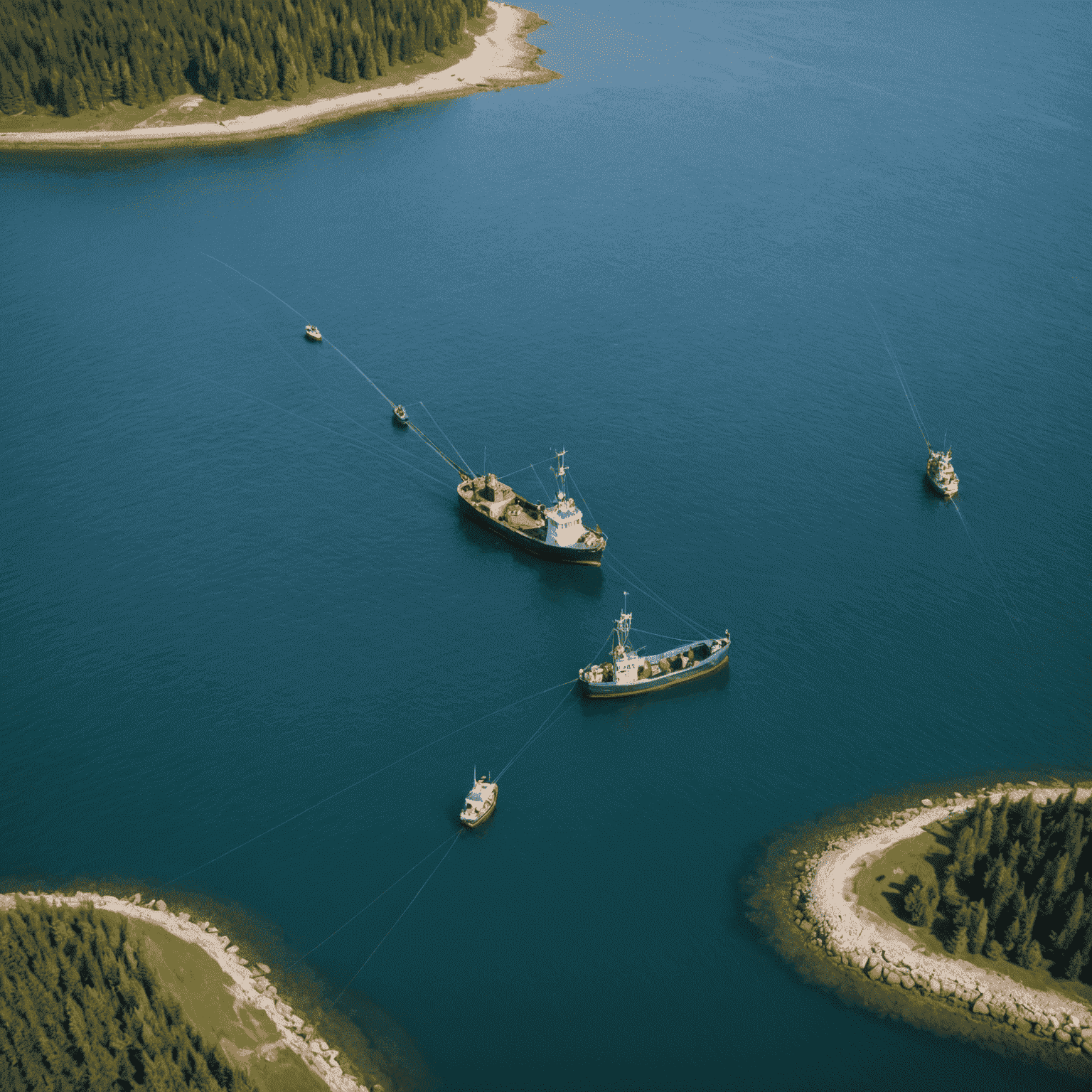 Aerial view of Canadian coastal waters with fishing boats harvesting scallops