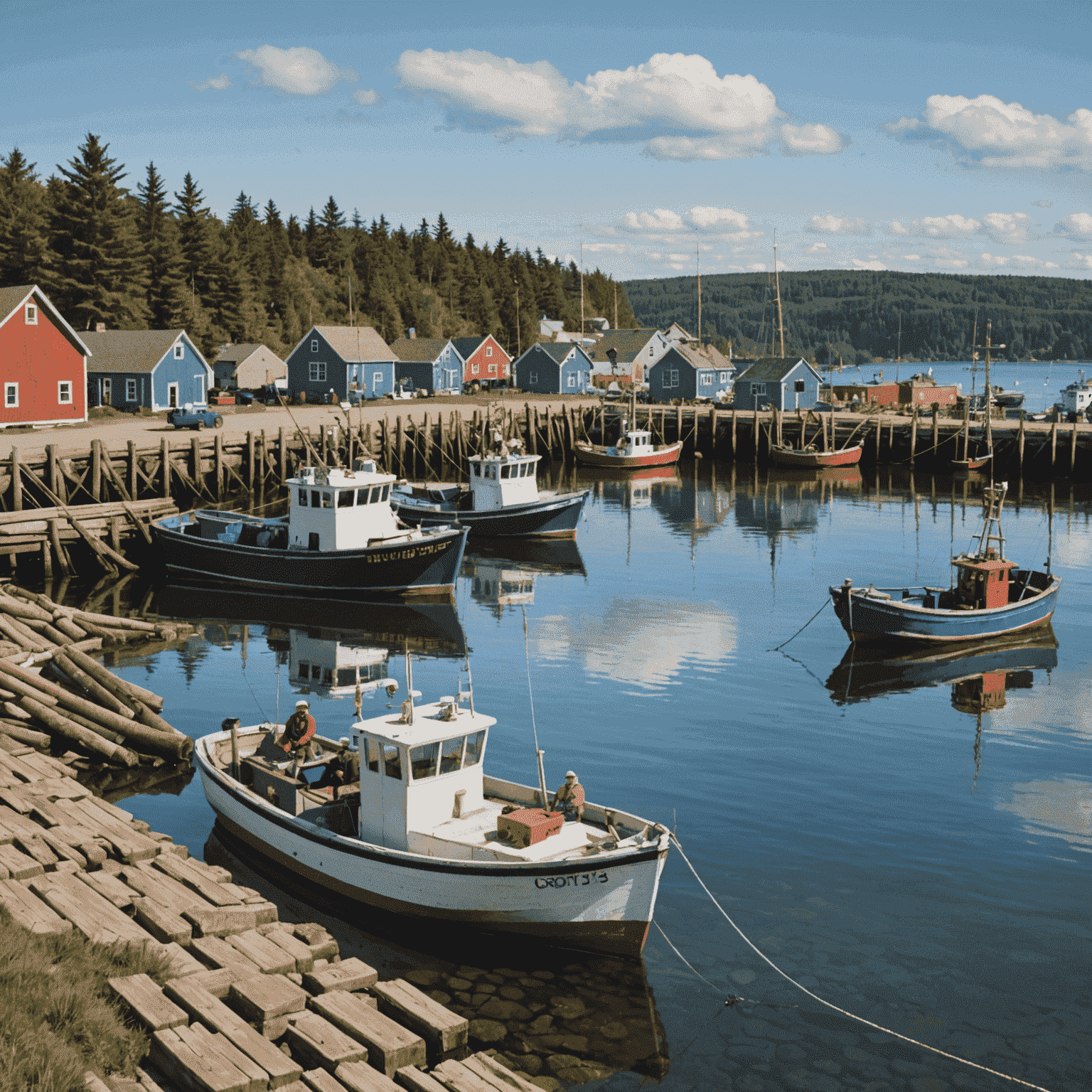 Scenic view of Nova Scotia's coastline with fishing boats in the harbor and scallop fishers working on the docks