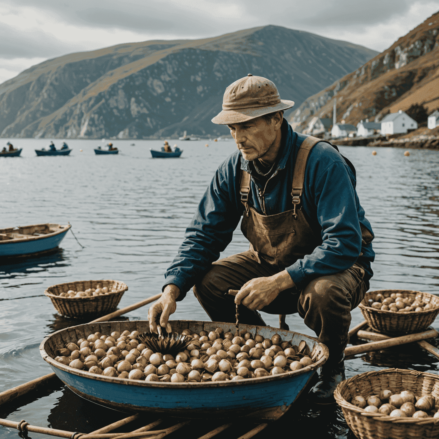 A fisherman on a small boat carefully harvesting scallops using traditional methods, with the coastline visible in the background