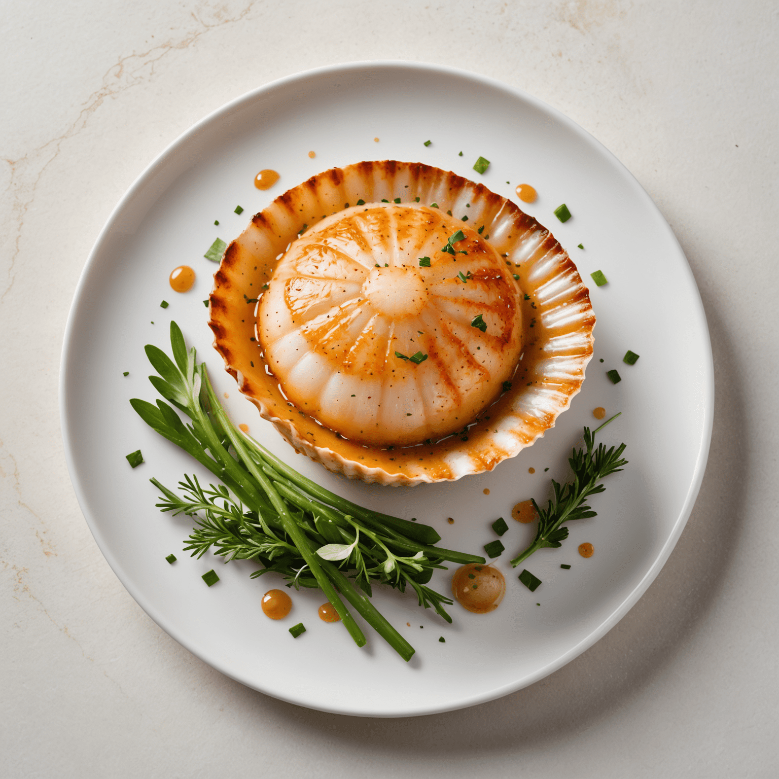 A perfectly seared scallop with a golden-brown crust on a white plate, garnished with fresh herbs