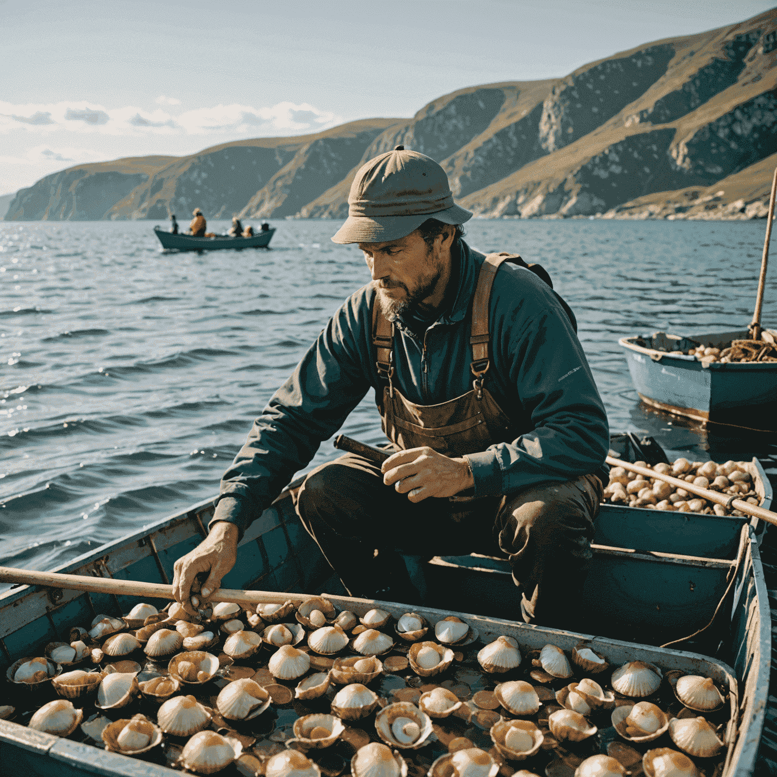 A fisherman on a small boat carefully harvesting scallops using sustainable methods, with the coastline visible in the background