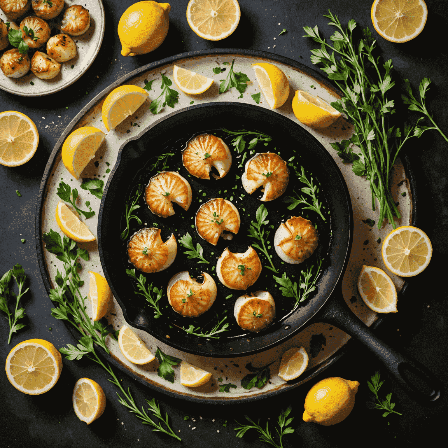 A cast iron skillet with sizzling scallops being seared, surrounded by fresh herbs and lemon wedges