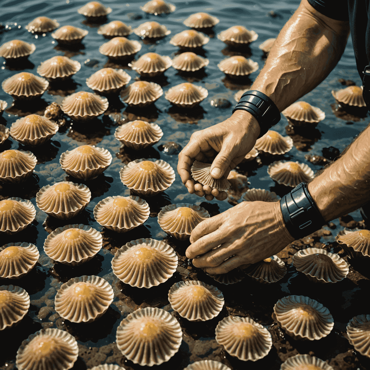 Close-up of a diver hand-selecting mature scallops from the ocean floor, demonstrating selective harvesting techniques