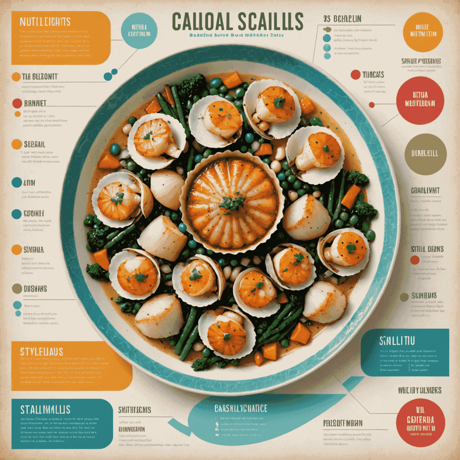 A colorful infographic showing the nutritional breakdown of scallops, highlighting protein content, vitamins, and minerals with coastal-inspired graphics