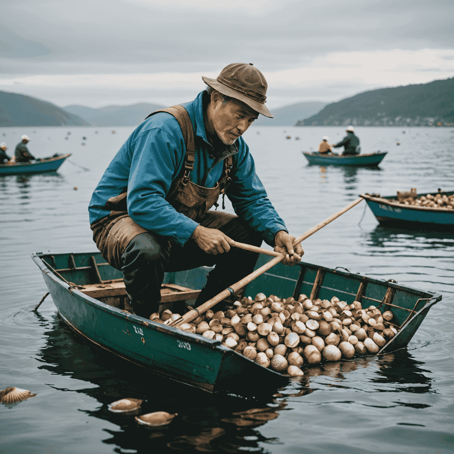 Local fisherman on a boat carefully harvesting scallops
