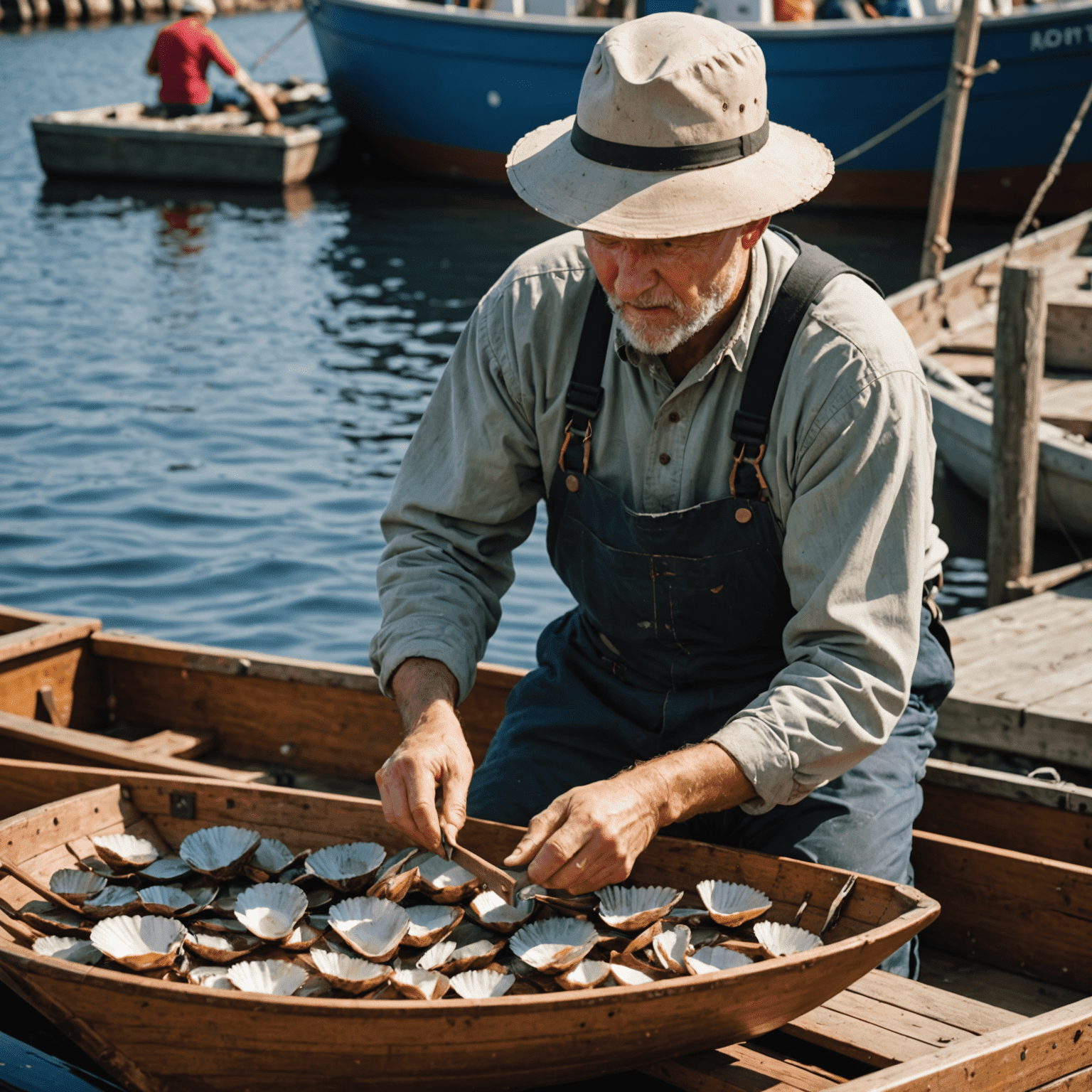 A Nova Scotian scallop fisher demonstrating traditional hand-shucking techniques on a wooden boat
