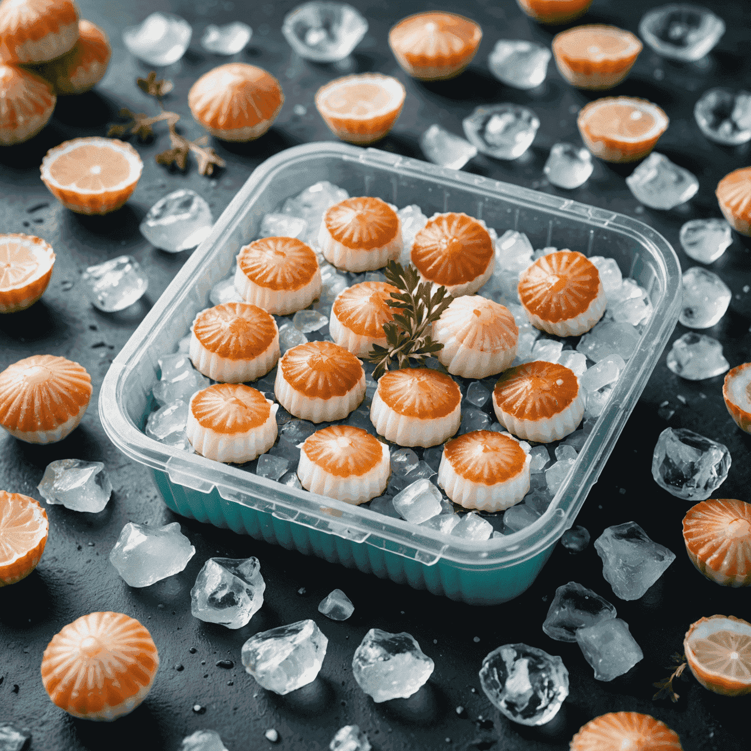 Fresh scallops being carefully packaged in an eco-friendly container, surrounded by ice to maintain freshness