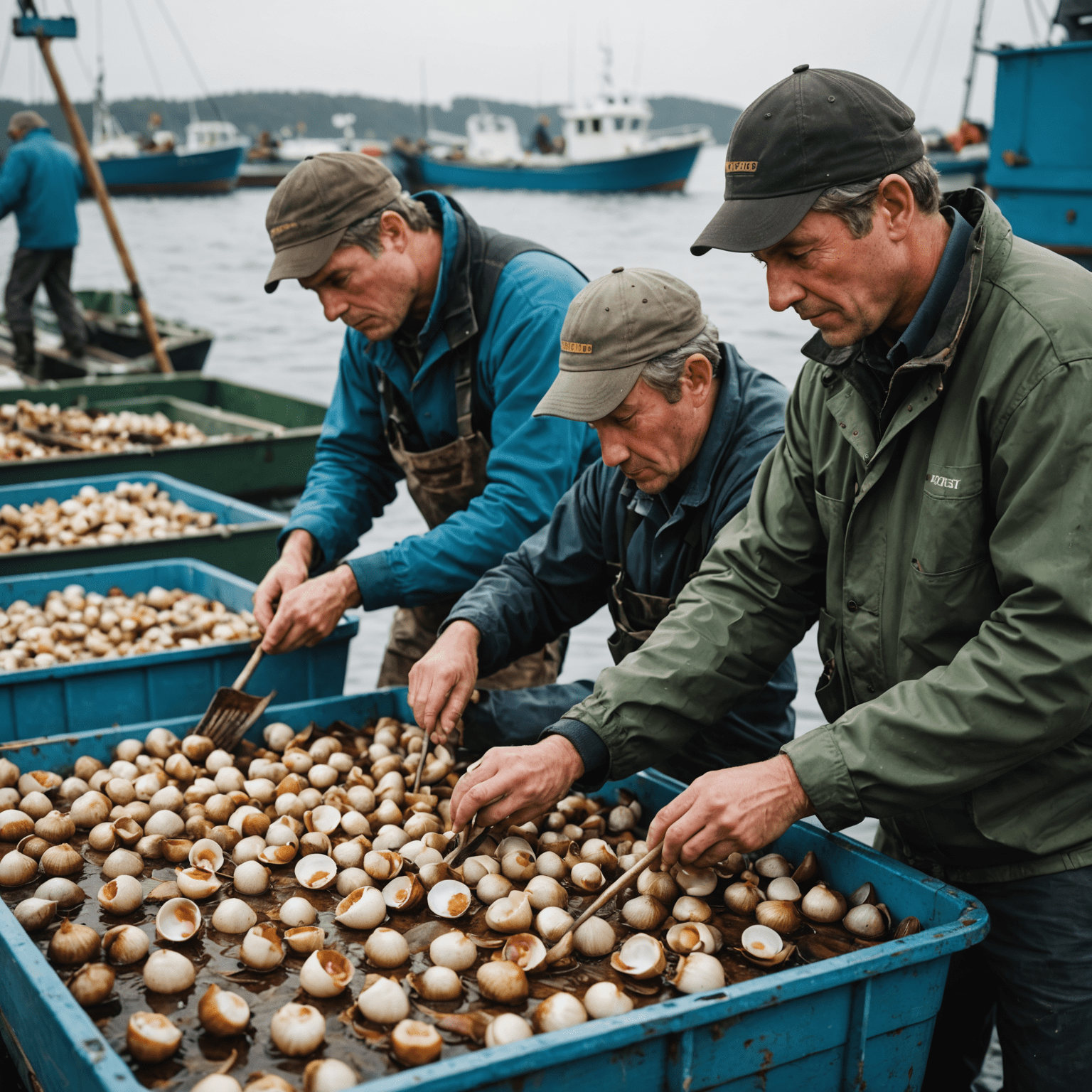 Fishermen sorting freshly harvested scallops on a boat, with some preparing them for immediate processing