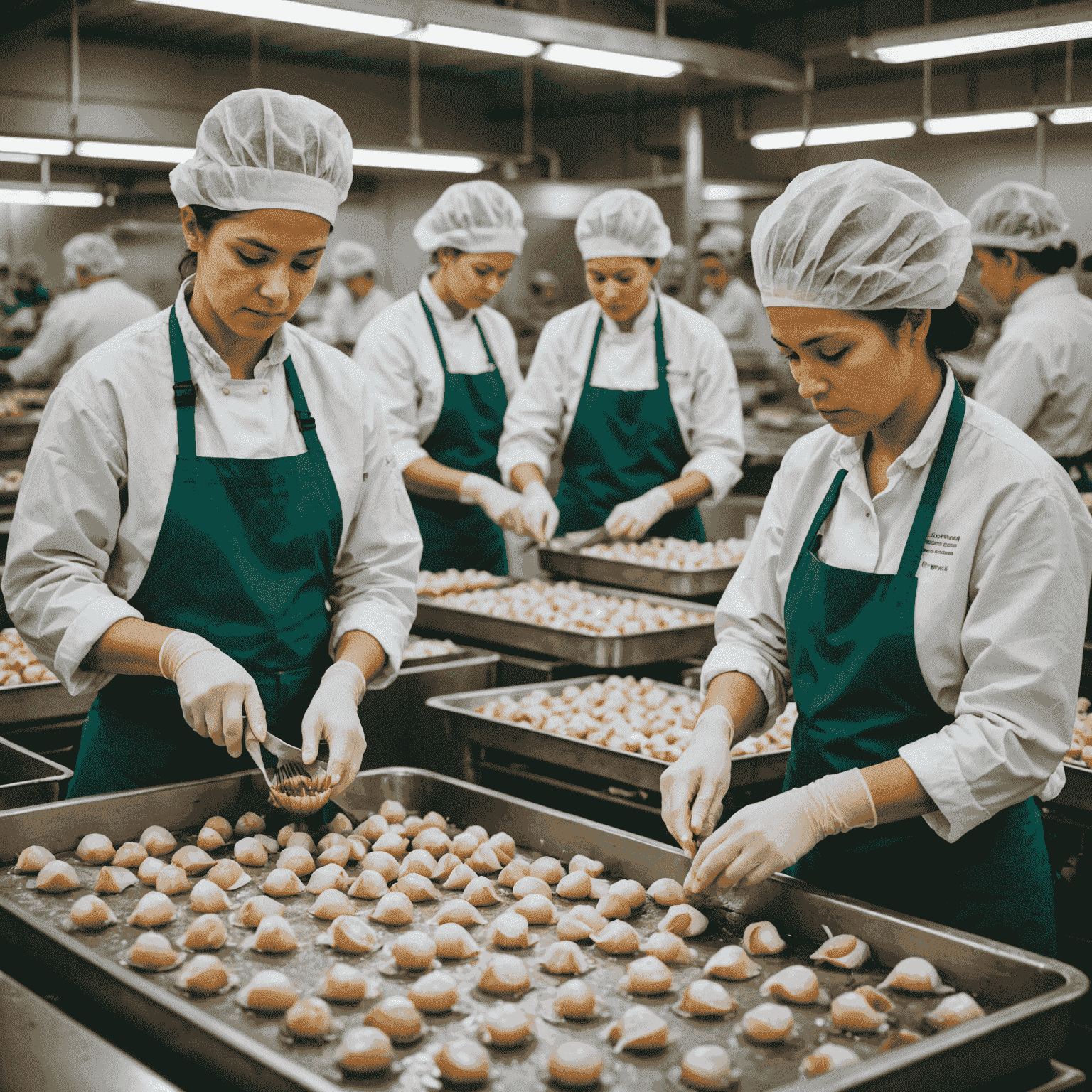 Workers in a clean processing facility preparing fresh scallops