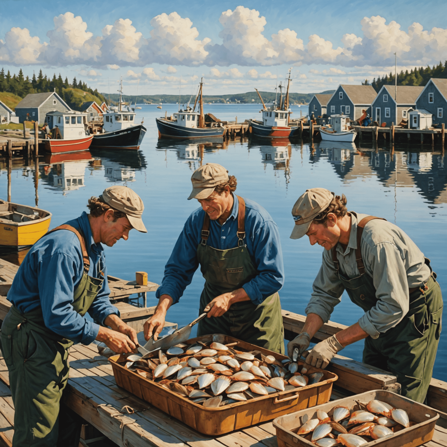 A group of Nova Scotian scallop fishers sorting and cleaning their fresh catch on a dock with the coastal village in the background