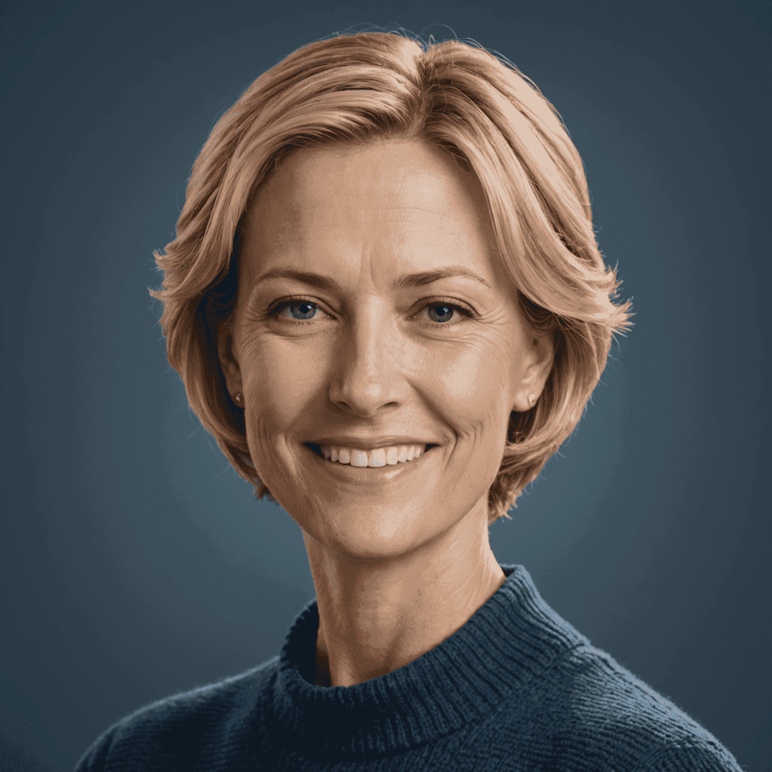 Portrait of Sarah Thompson, co-founder and CEO, a woman in her 40s with short blonde hair and a warm smile, wearing a blue sweater