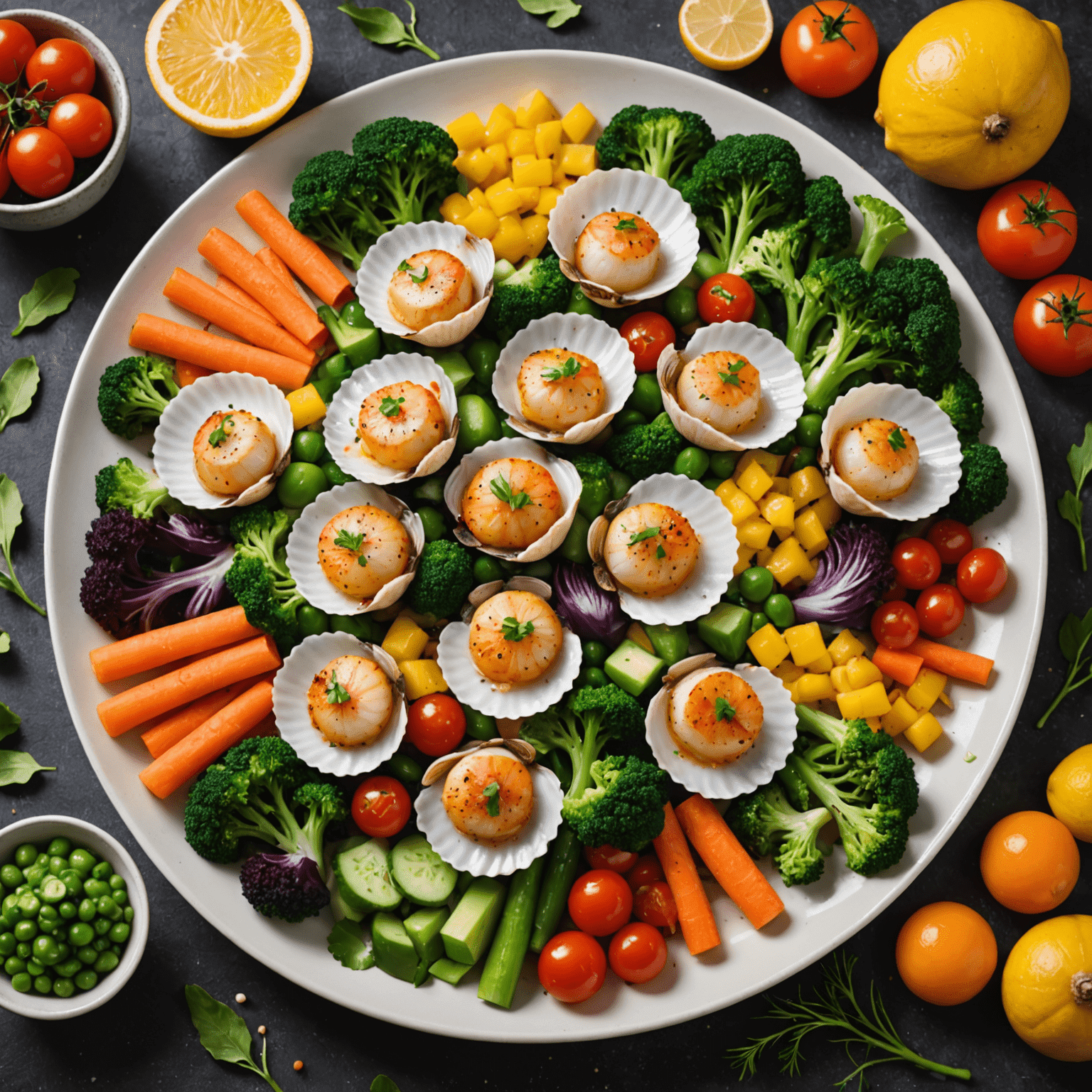 A plate of fresh scallops surrounded by various colorful vegetables and fruits, representing the nutritional value of scallops