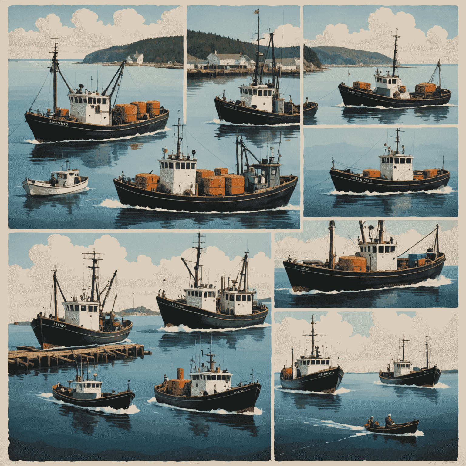 A collage showing the journey of scallops from fishing boats to processing facilities to delivery trucks