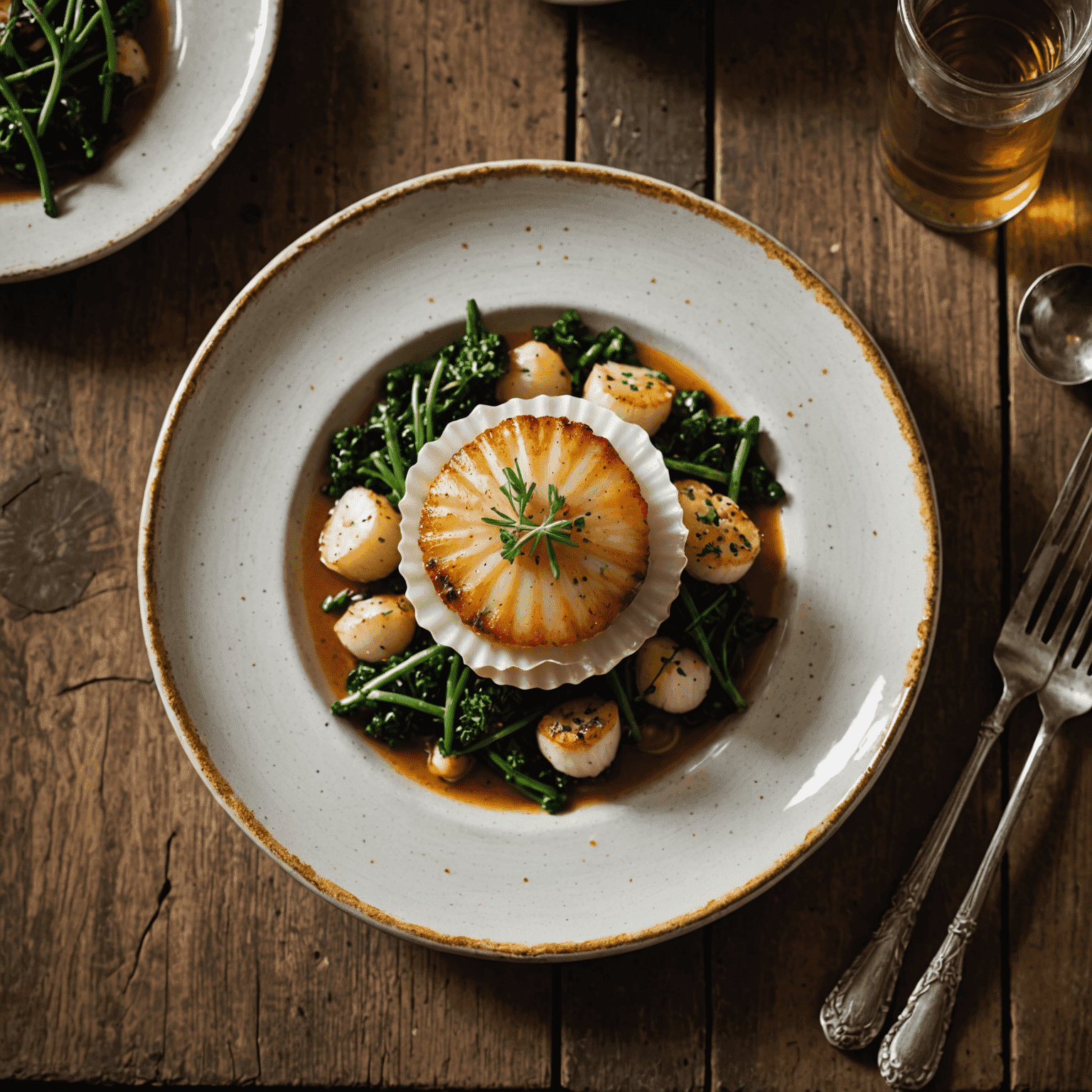 A beautifully plated scallop dish in a rustic kitchen, emphasizing the farm-to-table aesthetic