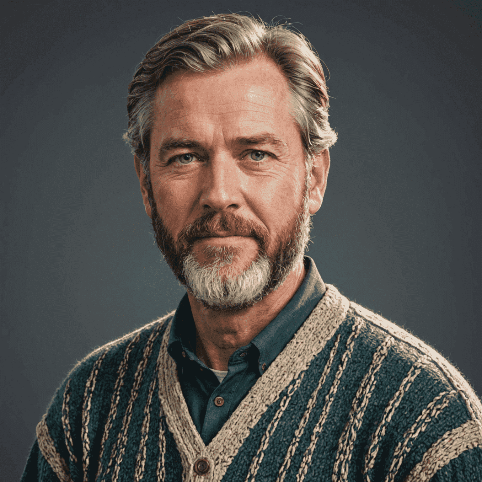 Portrait of Mike O'Brien, co-founder and Head of Operations, a man in his 50s with salt-and-pepper hair and a beard, wearing a fisherman's sweater
