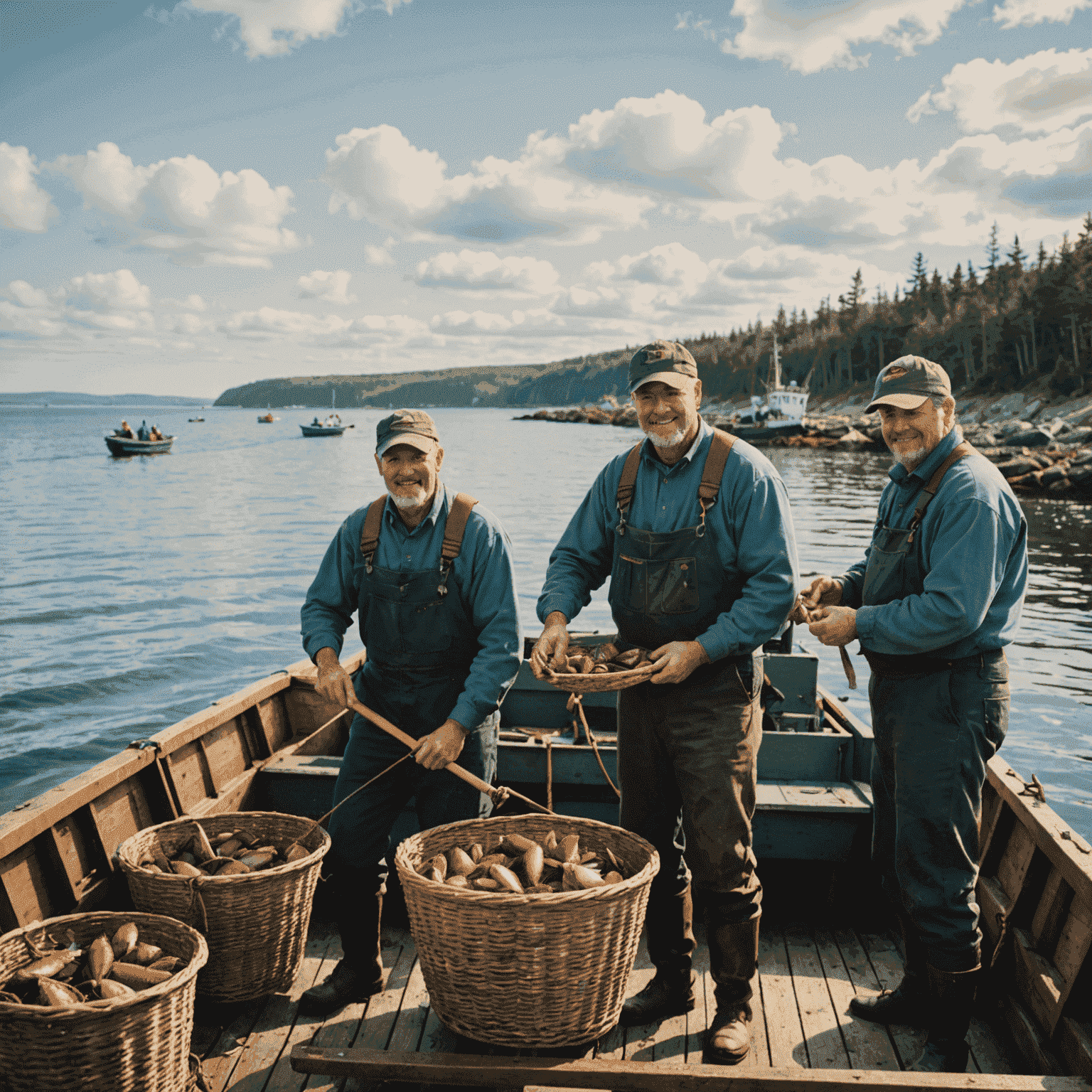 A group of Nova Scotia scallop fishers on their boat, with traditional fishing equipment and the coastline in the background