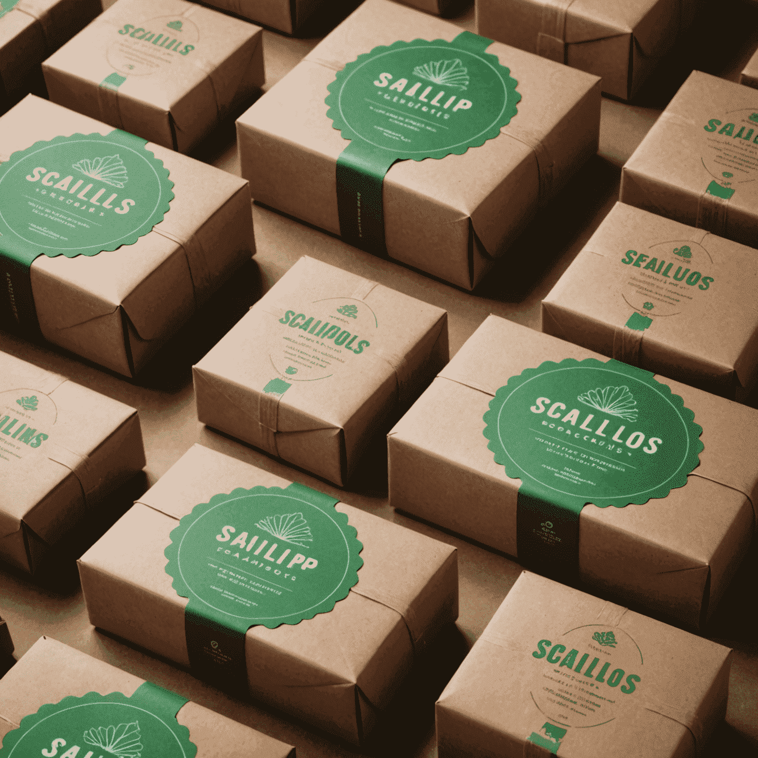 Eco-friendly packaging with Hometown Scallops branding being prepared for shipment
