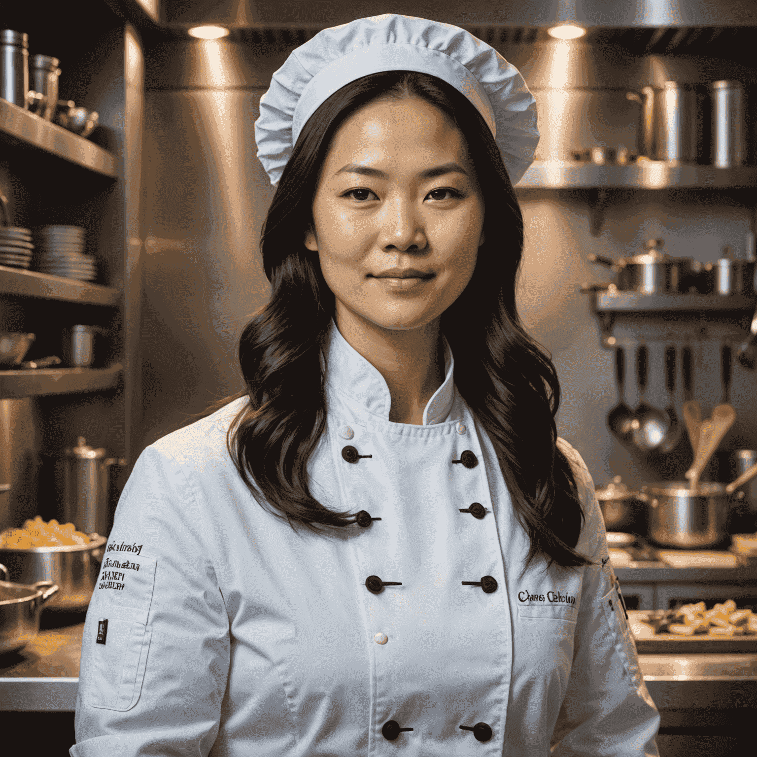 Portrait of Chef Emily Chen, Culinary Advisor, a woman in her 30s with long dark hair, wearing a white chef's coat