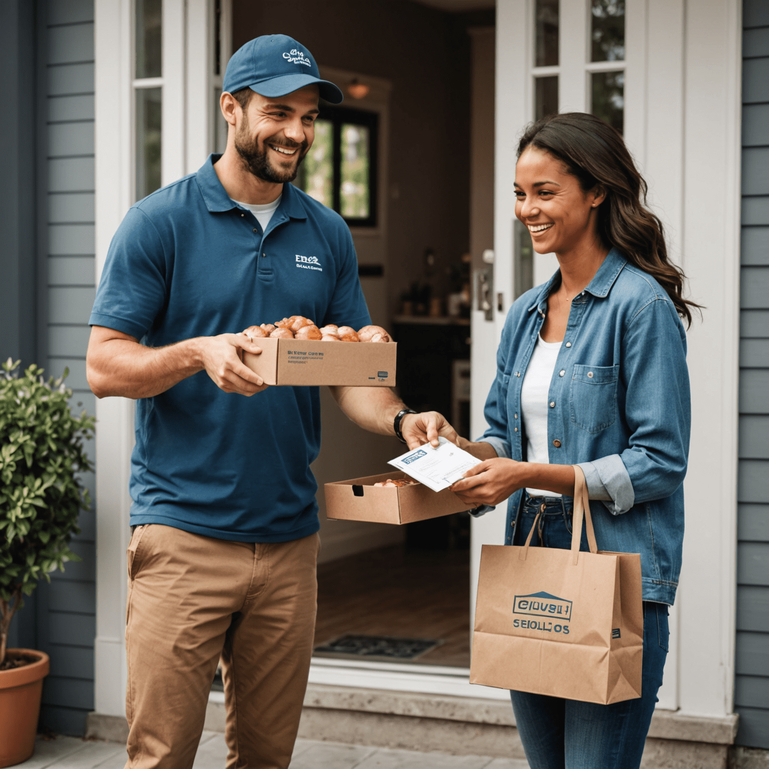 Delivery person handing over a Hometown Scallops package to a smiling customer at their doorstep