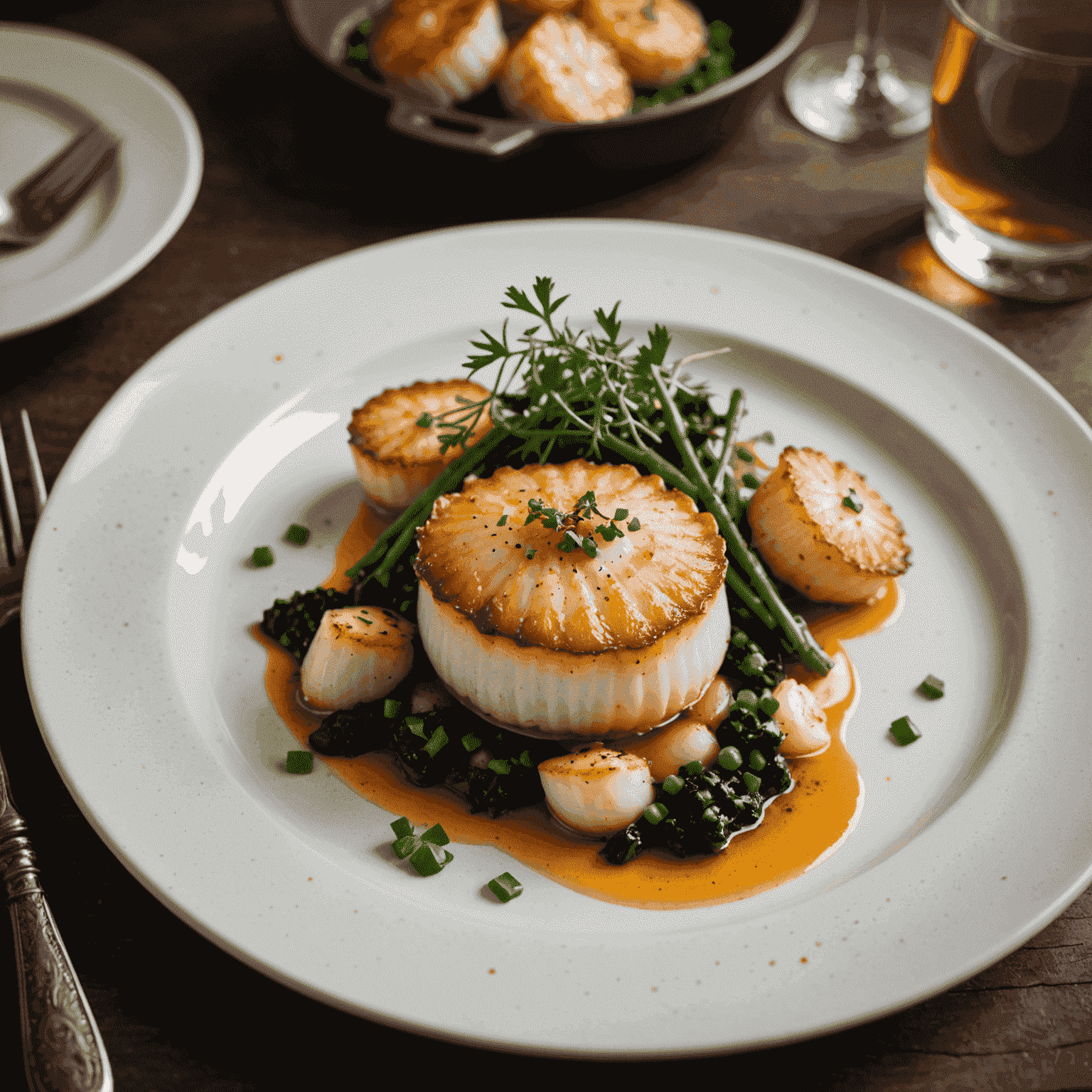 A beautifully plated scallop dish in a home kitchen setting